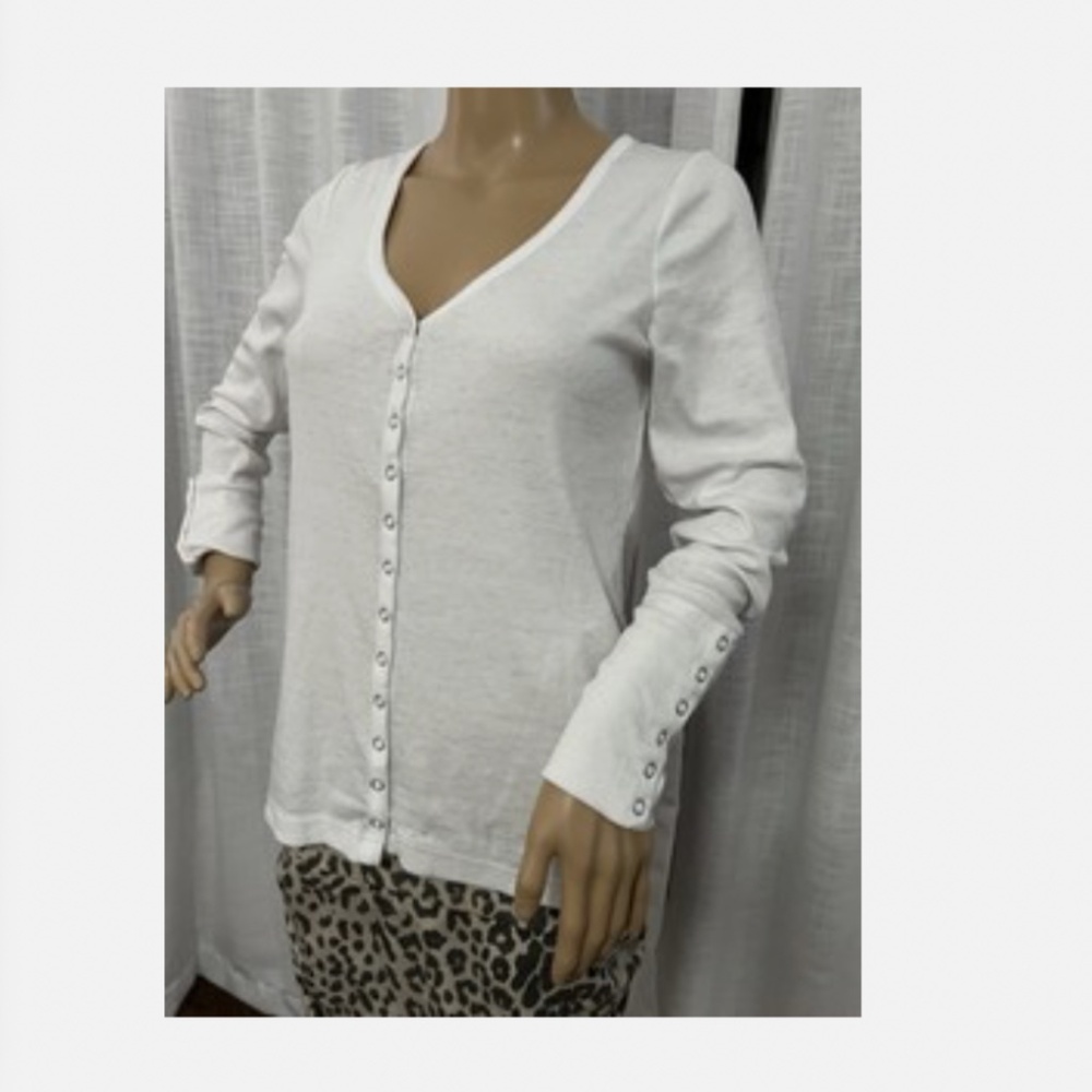 Chaser White Baby Rib Snap Front Top Soft Cotton Stretch Long Sleeves Sz MED NEW